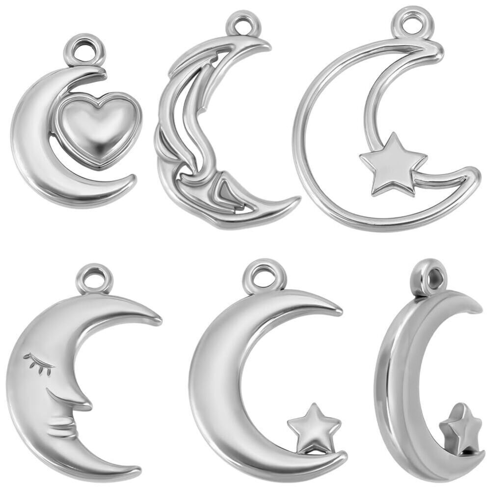 5831 10Pcs 5 Styles Moon Pendant Charm Stainless Steel Hollow Celestial